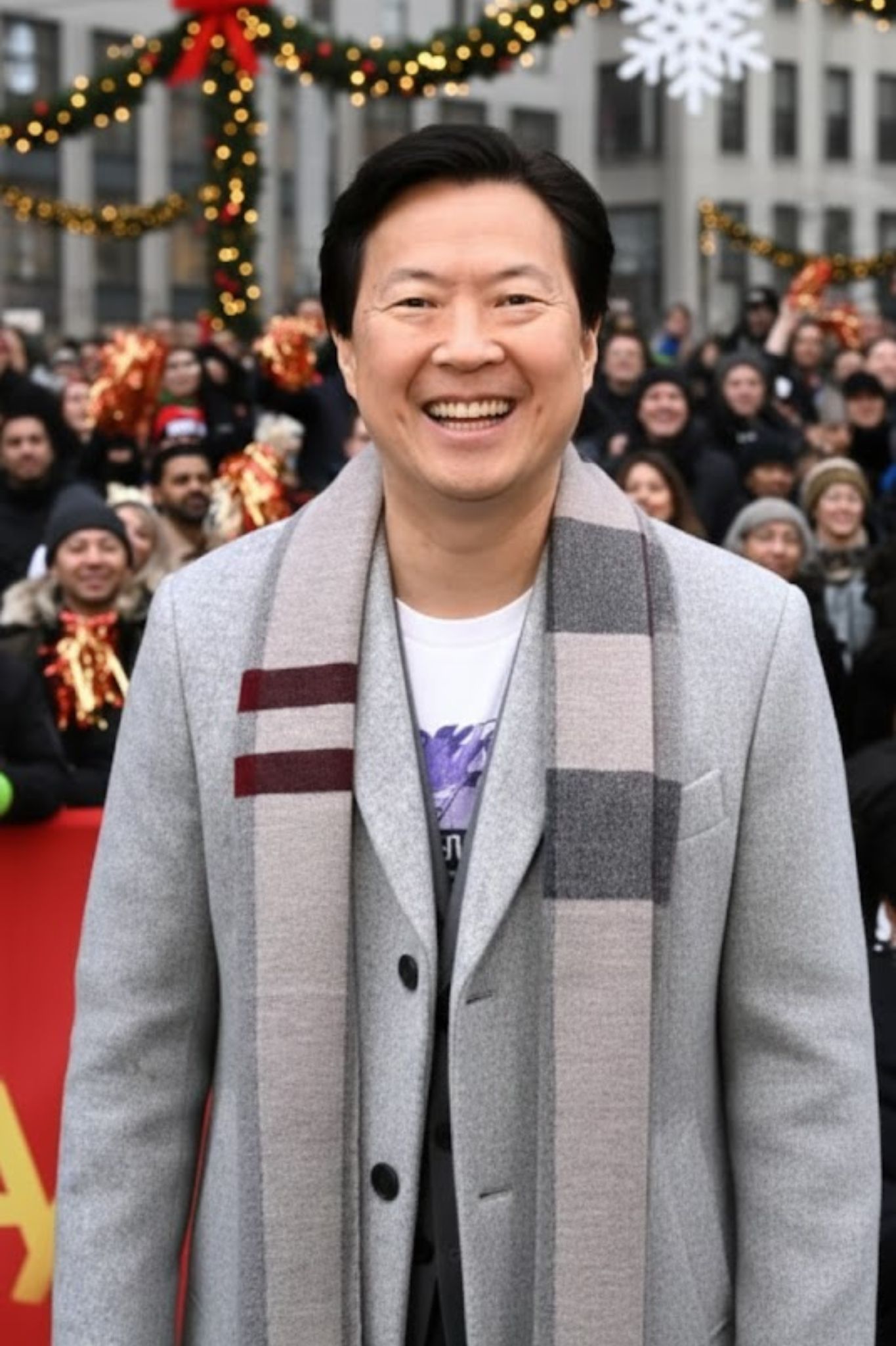 Ken Jeong Soft Grey Overcoat with Color-Block Scarf